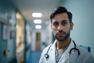 A man with a stethoscope standing in a hallway