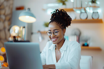 African woman with laptop. Technology, Freelance, online course, remote work and lifestyle concept