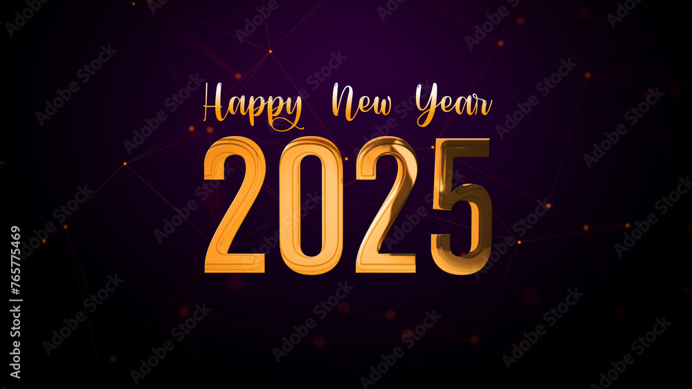 Poster golden shiny glossy metal texture digital happy new year 2025 text effect on purple connected lines 