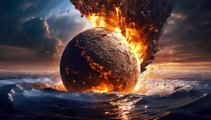 Fictional concept of flying exoplanet in flames crashing into water. AI generated.