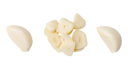 Top view set of peeled white garlic cloves with slices in stack isolated with clipping path in png...
