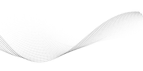 Fototapeta na wymiar Flowing wave dot particles halftone pattern black gradient smooth curve shape isolated on transparent background. Digital future technology concept, science, banner, template, business, music