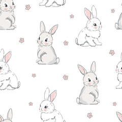 Cute rabbits and flowers background vector seamless pattern 