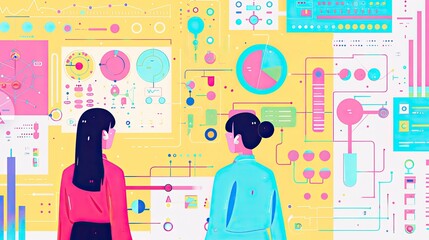 minimalist illustration of two female worker analyze data shown on large yellow board