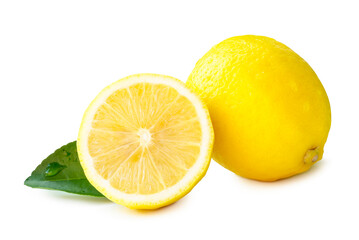 Front view of yellow lemon fruit with slice and leaf isolated on white background with clipping path