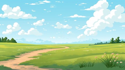 Obraz premium Nature Landscape with Blue Sky. Nature landscape with blue sky clouds wallpaper. Cartoon illustration of a road in a field with blue sky and clouds.