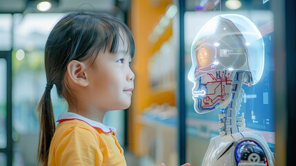 female child looking at robot visualization, they are like connecting their knowledge. AI can help kids to study and learn