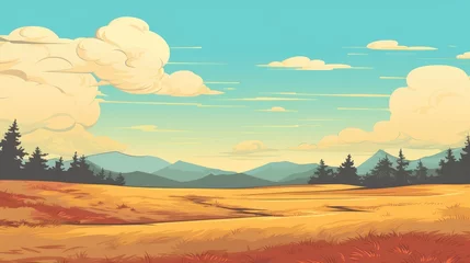 Deurstickers A mountain with road and blue sky. mountain Landscape with Blue Sky. landscape with mountains with blue sky clouds wallpaper. Cartoon illustration of a road in a field with mountain and clouds. © jokerhitam289