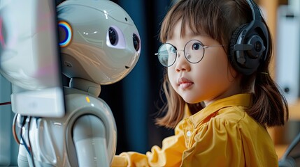 Asian female child with glasses learn together with an AI robot