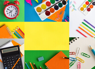 Collage of school stationery on the colored background. Copy space.