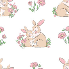 Cute rabbits, mother and baby, and flowers background vector seamless pattern 
