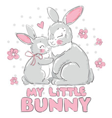 Cute rabbits, mother and baby vector illustration, Mother day card bunnys