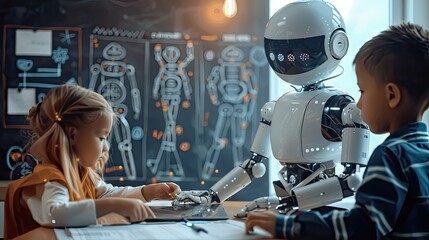 children study with the help of AI robot concept