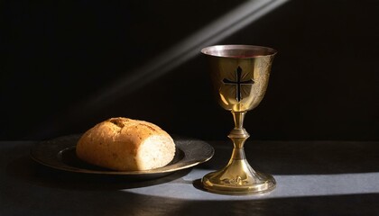 Loaf of bread and clay chalice on a black background. Maundy Thursday 