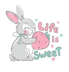 Hand Drawn Cute Bunny and strawberry, Design rabbit illustration, Kids Print Vector