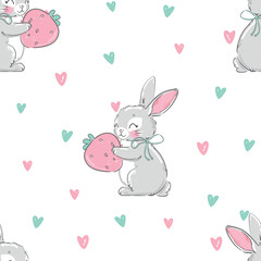 Cute rabbits and strawberry background vector seamless pattern, Bunnys 