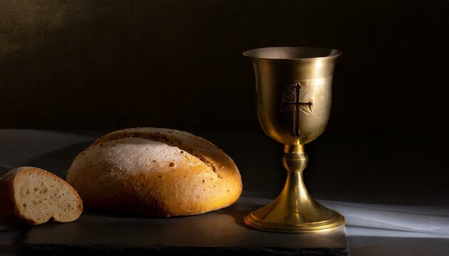 Loaf of bread and clay chalice on a black background. Holy Thursday Background