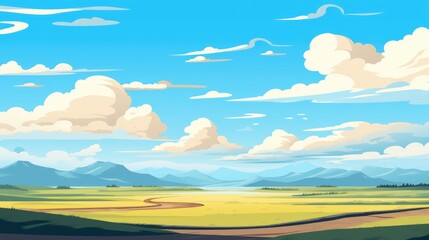 Fototapeta premium Grass Field landscape with blue sky and white cloud. Blue sky clouds sunny day wallpaper. illustration of a Grass Field with blue sky. green field in a day. 