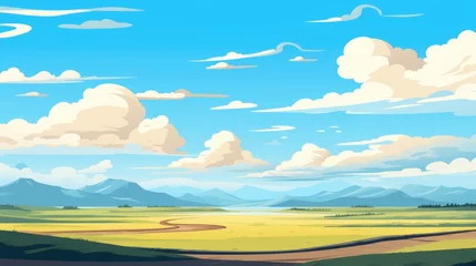 Deurstickers Grass Field landscape with blue sky and white cloud. Blue sky clouds sunny day wallpaper. illustration of a Grass Field with blue sky. green field in a day.  © jokerhitam289