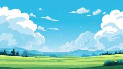 Obraz premium Grass Field landscape with blue sky and white cloud. Blue sky clouds sunny day wallpaper. Cartoon illustration of a Grass Field with blue sky in Summer. green field in a day.