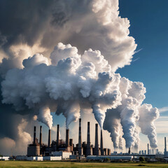Industrial smoke pollutes the sky, emanating from a factory chimney - obrazy, fototapety, plakaty