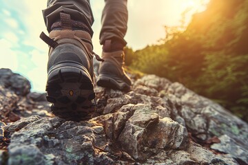 Close-up of hiking boots on rocky terrain with sunlit foliage in the background.