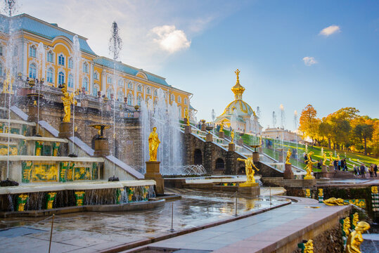 PETERHOF, SAINT PETERSBURG, RUSSIA - OCTOBER 1, 2023: Scenic view of the Grand Cascade, Peterhof Palace.