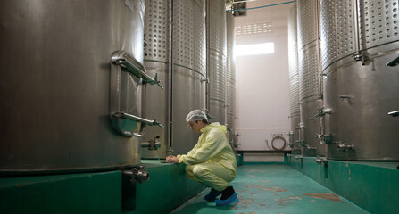 Technicians who are experts in wine quality inspection visit to inspect the quality of grape fermentation tanks and check the temperature of wine production in the factory.
