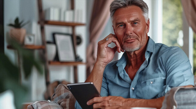 Happy smiling mature middle aged business man, 40s professional lady executive manager talking on a cell phone making business at work in office. Beautiful simple AI generated image in 4K, unique.