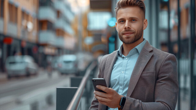 View of young man using a smartphone at day time with city view landscape in the background. High quality photo. Beautiful simple AI generated image in 4K, unique.
