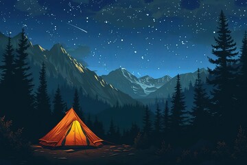 A glowing tent under a starry night sky in the mountain wilderness.