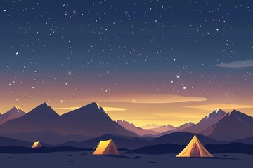 Starry night sky over a mountain range with cozy tents.