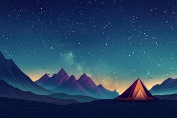 A tent under a starry sky with majestic mountains in the background at dusk. - obrazy, fototapety, plakaty