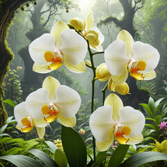 Orchids bloom in various settings: garden, wall, sky Their beauty in nature shines through, showcasing white and yellow petals in close-up shots