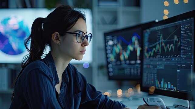 female worker working on a computer in an office doing analysis on data shown on the scren