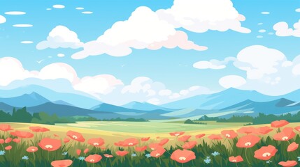 Grass Field landscape with blue sky and white cloud. Blue sky clouds sunny day wallpaper. Cartoon illustration of a Grass Field with blue sky in Summer. green field in a day.