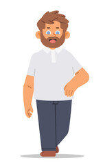 Smiling man takes a step towards the viewer. Vector character on isolated background