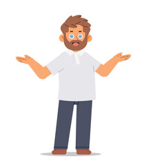 Positive man spreading his hands to the sides. Guy in casual clothes vector illustration on isolated background