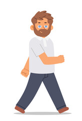 Calm walking man in casual clothes on isolated background. Vector cartoon character