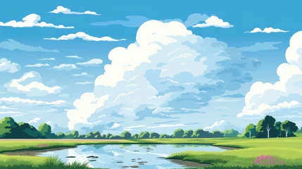 Stoff pro Meter Grass Field landscape with blue sky and white cloud. Blue sky clouds sunny day wallpaper. Cartoon illustration of a Grass Field with blue sky in Summer. green field in a day. © jokerhitam289