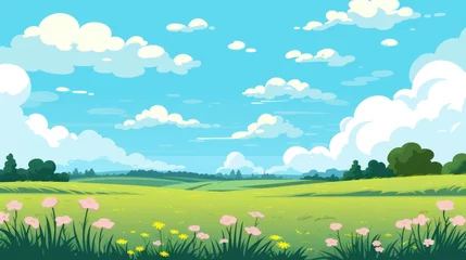 Schilderijen op glas Grass Field landscape with blue sky and white cloud. Blue sky clouds sunny day wallpaper. Cartoon illustration of a Grass Field with blue sky in Summer. green field in a day. © jokerhitam289