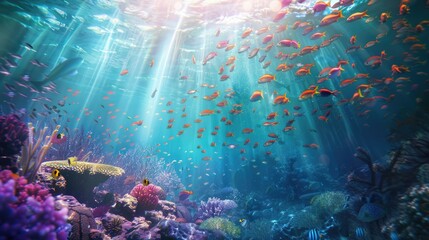 Fototapeta na wymiar Underwater scene with a school of fish circling a coral reef, rays of sunlight filtering through.