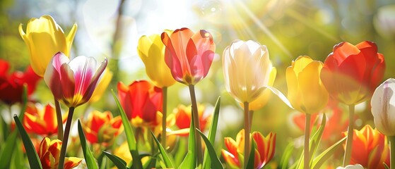 A Field of Vivid Spring Tulips Bathed in Sunlight