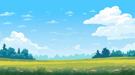 Tragetasche Grass Field landscape with blue sky and white cloud. Blue sky clouds sunny day wallpaper. Cartoon illustration of a Grass Field with blue sky in Summer. green field in a day. © jokerhitam289
