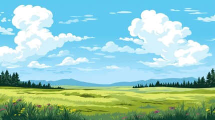Grass Field landscape with blue sky and white cloud. Blue sky clouds sunny day wallpaper. Cartoon illustration of a Grass Field with blue sky in Summer. green field in a day.