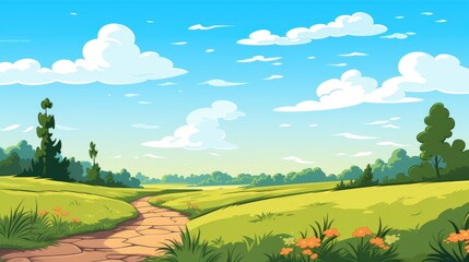 Grass Field landscape with blue sky and white cloud. Blue sky clouds sunny day wallpaper. Cartoon illustration of a Grass Field with blue sky in Summer. green field in a day.