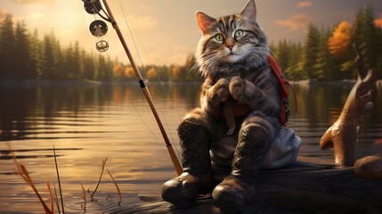 Feline fisherman: a cat in clothes skillfully fishes by the lake, creating an amusing and adorable scene surrounded by nature in the park.
