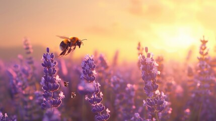 Sunset over a lavender field, a bumblebee in mid-flight. capturing the essence of serene nature.