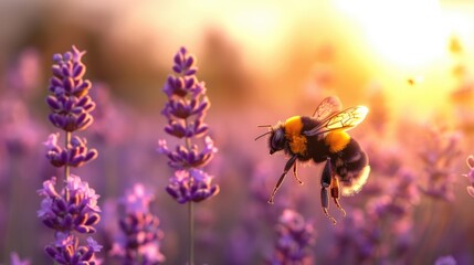 Sunset over a lavender field, a bumblebee in mid-flight. capturing the essence of serene nature.