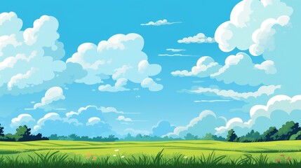 Blue sky clouds sunny day wallpaper. Grass Field landscape with blue sky and white cloud. Cartoon illustration of a Grass Field with blue sky in Summer. green field in a day